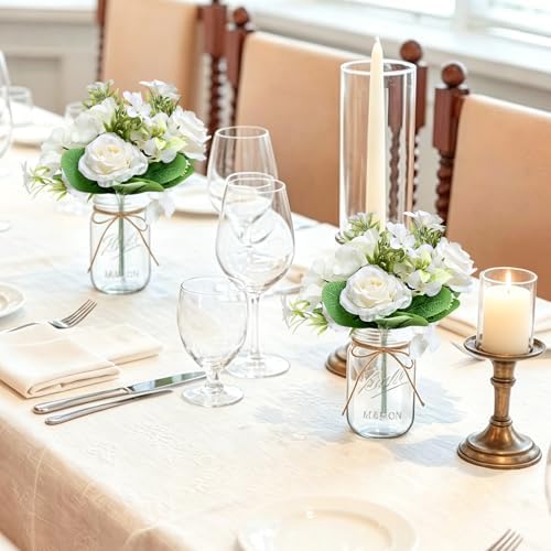 10 Sets Mason Jars Flower Table Centerpiece with White Rose - Ivory - Image 4