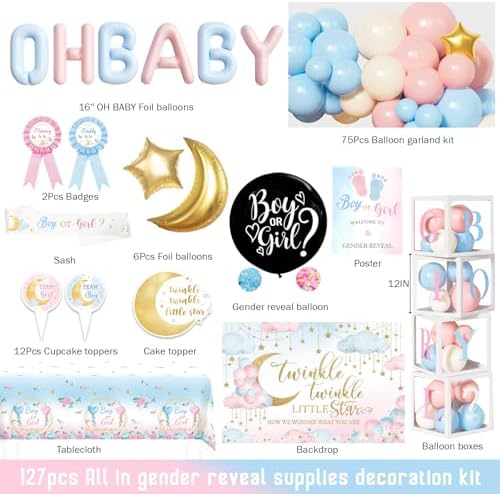 Costova Twinkle Twinkle Little Star Gender Reveal Decorations, Pink or Blue Gender Reveal Decorations with Backdrop, Balloons, Banner, Tablecloth, Boxes, Sash for Neutral Baby Shower Party - Image 3