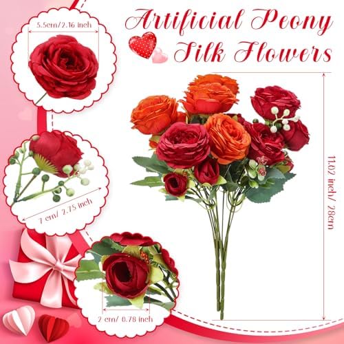 Geosar 8 Bundles Artificial Peonies Flowers,Orange, Deep Red - Image 2