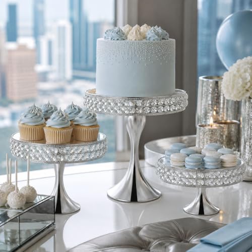 3 Pcs Cake Display with Mirror, Wedding Crystal Cake Stands for Reception - Image 3