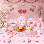 Funnymoom 452 Pcs Cherry and Bow Party Decoration Serves 50, Cherry Birthday Baby Shower Scalloped Paper Plates Napkins Cups Tablecloth Cutlery Straws for Pink Bow Birthday Baby Shower Party Supplies - Image 6