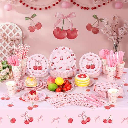Funnymoom 452 Pcs Cherry and Bow Party Decoration Serves 50, Cherry Birthday Baby Shower Scalloped Paper Plates Napkins Cups Tablecloth Cutlery Straws for Pink Bow Birthday Baby Shower Party Supplies - Image 6