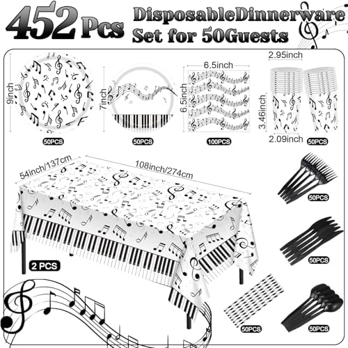 Potchen 452 Pcs Music Notes Plates Napkins Party Supply, White Black - Image 3