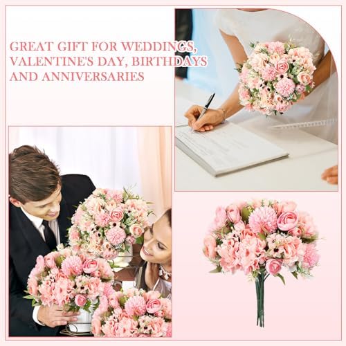 Tigeen 12 Bundles Peonies Artificial Flowers Faux Roses, Pink - Image 5