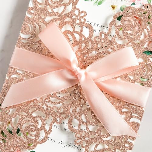 ponatia 25PCS 5.12 x 7.1'' Rose Gold Glitter Wedding Invitations Cards Laser Cut Hollow Rose With Envelopes, Printable Paper with Ribbons for Wedding Bridal Shower Engagement Sweet 16 Birthday - Image 6