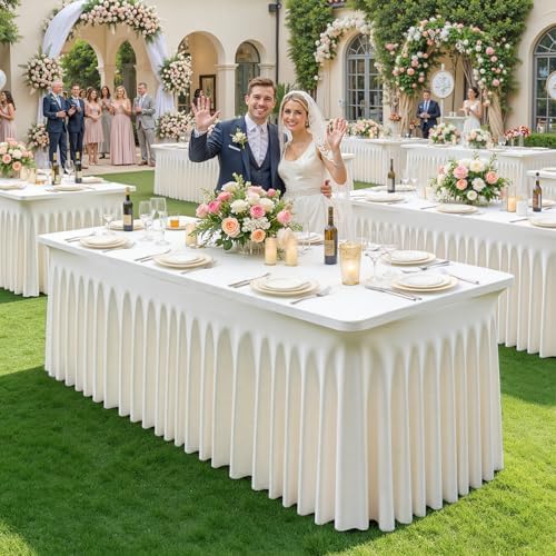 2 Pack Ivory Spandex Tablecloth for 6FT Rectangle Tables, Fitted Stretch Table Cover with Skirt, Wrinkle Free Washable Elastic Table Cloth for 6 Foot Folding Table, Wedding Banquet Baby Shower - Image 2