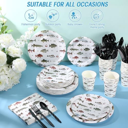 Ziliny 350 Pcs Fishing Party Supplies Tableware Set Disposable 9'' 7'' Paper Plates 9 oz Cups Cutlery Napkins Dinnerware Set for 1st Birthday, Serve 50 (Fishing Birthday, White, Red) - Image 3