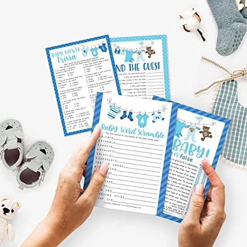 Hadley Designs 25 Blue Word Scramble for Baby Shower, 25 True Or False Game, 25 Trivia Game, 25 Find The Guest - 4 Double Sided Cards Baby Shower Ideas, Gender Reveal Games Baby Shower Games - Image 2