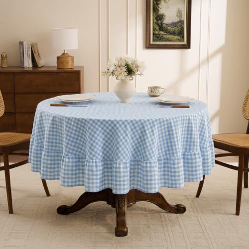 Romanstile Gingham Ruffled Round Tablecloth, 70 Inch, Light Blue - Image 3