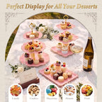 10 Pcs Cupcake Stand,Dessert Table Display Set with Gold Rim, 3 x Three-Tier and 3 x Two-Tier Cake Stands，4 x Appetizer Serving Trays for Birthday, Wedding, Baby Shower,Tea Party (Pink) - Image 6