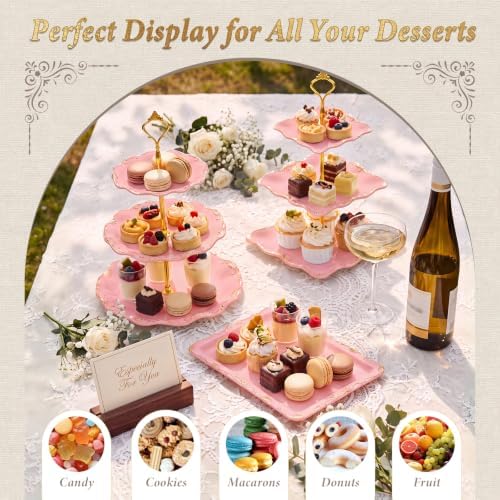 10 Pcs Cupcake Stand,Dessert Table Display Set with Gold Rim, 3 x Three-Tier and 3 x Two-Tier Cake Stands，4 x Appetizer Serving Trays for Birthday, Wedding, Baby Shower,Tea Party (Pink) - Image 6