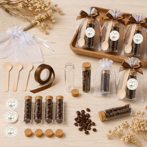 JarThenaAMCS 36 Sets Coffee Baby Shower Favors for Guests Wooden Spoons Mini Coffee Glass Jars Thank You Stickers Brown Ribbon and Bags for Gender Reveal Party Souvenirs - Image 5