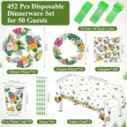 Funnymoom 452 Pcs Hawaiian Luau Party Decoration for 50, Tropical Aloha Paper Plate Napkin Cup Tablecloth Cutlery Palm Leaf Hibiscus Disposable Tableware for Summer Beach Floral Birthday Party Supply - Image 2