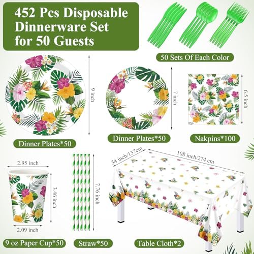 Funnymoom 452 Pcs Hawaiian Luau Party Decoration for 50, Tropical Aloha Paper Plate Napkin Cup Tablecloth Cutlery Palm Leaf Hibiscus Disposable Tableware for Summer Beach Floral Birthday Party Supply - Image 2