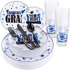 Liacere 150PCS Graduation Plastic Plates - Black and Blue Plastic Plates, Party Plates include 50Plates 25Knives 25Forks 25Spoons 25Cups for Graduation Party by Liacere