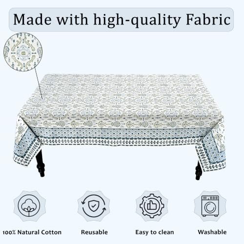 Ridhi Coastal Ikat Blue and Sage Green Hand Block Print Cotton Rectangle Tablecloth 60x90 inch Reusable Table Cover Decorative Everyday Use for Dining Room, Farmhouse, Home Gift for Spring, Summer - Image 7