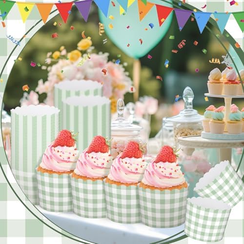 Vesici 150 Pcs Ice Cream Cups Gingham Party Supplies, 10 oz, Sage Green - Image 2