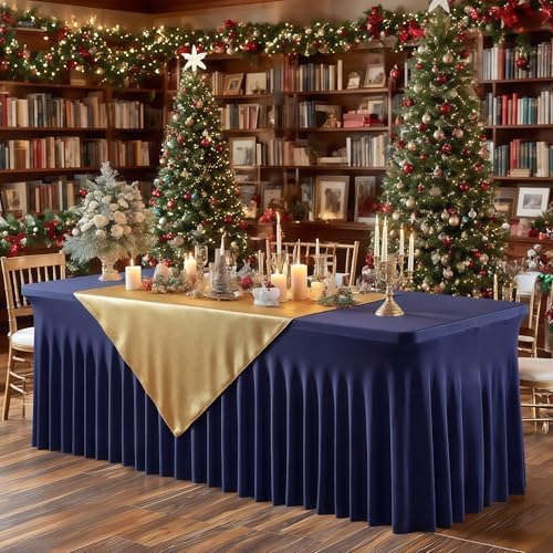 Wish Care 6 Pack Navy Blue Stretch Spandex Table Clothes for 4 Foot Rectangle Tables, 4FT Wrinkle Free Fitted Tablecloths Ruffles Design Table Cover for Party, Banquet, Wedding and Events - Image 4