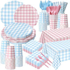 Funnymoom 452 Pcs Gender Reveal Gingham Party Decoration for 50, Pink and Blue Gingham Checkered Paper Plates Napkins Cups Tablecloth Cutlery Straws for Gender Reveal Baby Shower Party Supplies by Funnymoom