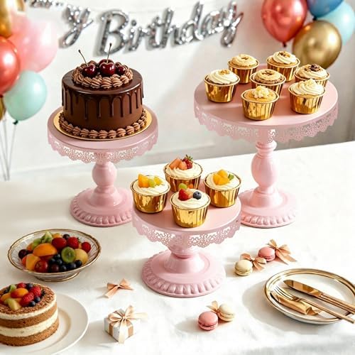 3 PCS Pink Cake Stands (8"&10"&12" Plate), Cupcake Stand with a lace Hollow Border Metal Cake Stand Set for Birthday Party, Wedding, Anniversary, Baby Shower - Image 2