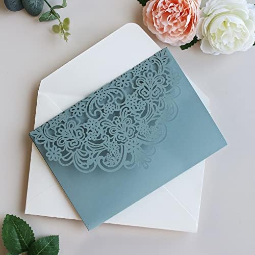 Hosmsua 50PCS Personalized Dusty Blue Laser Cut Flora Invitation Pocket, 5.12 x 7.2 Laser Cut Wedding Invitation with Envelopes for Wedding Bridal Shower Anniversary Invite - Image 6