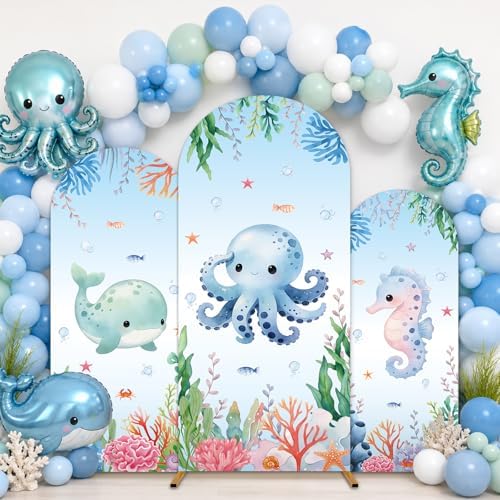 3Pcs Under The Sea Party Decoration Ocean Arch Backdrop Cover Set Underwater Milk Silk Fitted Arch Stand Cover for Summer Marine Theme Birthday Baby Shower Decor Fits 4ft 5ft 6ft by chiazllta