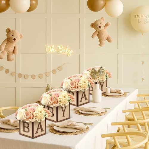 8 Set Baby Shower Centerpieces for Tables - 6 inch Wooden Boxes with Baby Letters Rustic Cube Planter Wood Blocks for Gender Reveal Party Favor (Brown) - Image 6