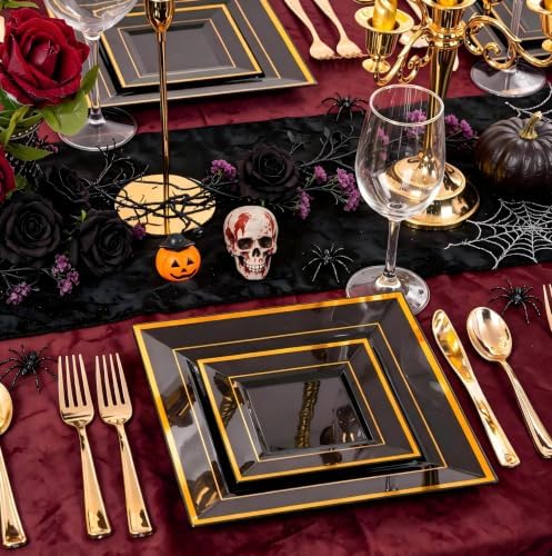 Liacere 100PCS Black and Gold Square Plastic Plates-50PCS Dinner Plate and 50PCS Dessert Plate-Durable Fancy Disposable Plates for Party & Halloween - Image 5