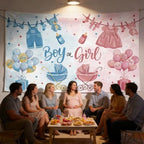 Watercolor Gender Reveal Backdrop Size 10x8 Ft Boy or Girl Pink & Blue Baby Clothes Design Gender Reveal Party Banner, Durable Polyester Photo Booth Background for Baby Shower Decorations - Image 3