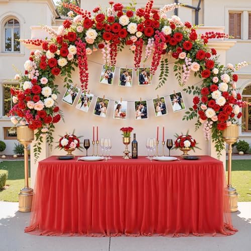 HB HBB MAGIC 6ft Red Table Cloths Rectangle Tulle Tablecloth Fitted Red Tablecloths for 6 Foot Rectangle Tables Spandex Table Covers for Parties Wedding Birthday Buffet Banquet Desk Tables Skirt by HBBMAGIC