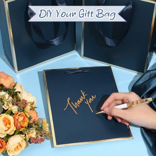 Yeaqee 50 Pcs Metallic Paepr Gift Bags Bulk with Handles,Navy Blue, Gold - Image 4