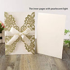 Hosmsua 50PCS Personalized Gold Glitter Laser Cut Flora Lace Wedding Invitations with Bowknot & Envelopes 5.12 x 7.3'' Bridal Shower Engagement Birthday Quincenera Invitation (Gold Glitter) - Image 3
