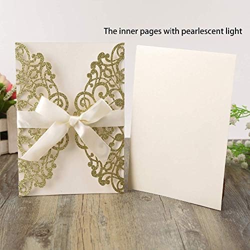 Hosmsua 50PCS Gold Glitter Laser Cut Lace Wedding Invitations Cards with bowknot 5.12 x 7.3''Invitation Pockets for Wedding Bridal Shower Engagement Birthday Graduation Invite (Gold Glitter) - Image 3