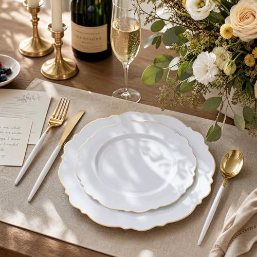 WDF 30Guest Gold Plastic Plates - High-end Baroque Design - 10.25&7.5in Wedding White and Gold Plates Disposable for Birthday/Baby Shower/Wedding/Party - Image 2