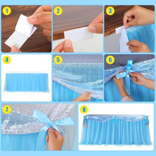 5 Pcs Princess Party Decor Blue Silver Sequin Tulle Table Skirt 30 x 108 in - Image 3