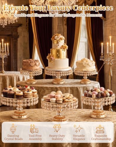 12 Pieces Gold Cake Stand Set, Vintage Cake Display Stand with Crystal Edge and Cupcake Display Tray, Dessert Table Display Set for Wedding Party Baby Shower Anniversary Celebration - Image 2