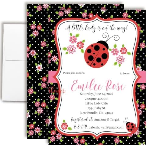 30 Custom Baby Shower Invitations with Envelopes – Personalized Little Lady Red Ladybug 5x7 Invite Set | Fully Customizable, Proof Included, Customizable Kit of Matching Thank You Cards, Stickers & Diaper Raffle Tickets | Made in USA by AmandaCreation