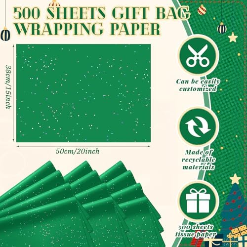 500 Sheets Green Glitter Tissue Paper 15 x 20 Inch for Christmas Gift Bags - Image 3