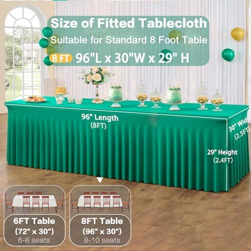 2 Pack Emerald Green Spandex Tablecloths for 8 Foot Rectangle Tables, Wrinkle Free Fitted Table Cloths Green 8ft Stretchy Table Cloth Cover with Skirt for Parties Weddings Birthday Banquet Baby Shower - Image 5
