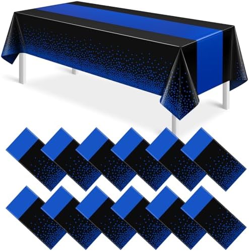 MASHAN 12Pcs Black and Blue Tablecloth Party Decorations,Plastic Black Table Cloth Printed Blue Runner Disposable Rectangle Table Cover for Birthday Wedding Anniversary Graduation Party,54 x108 Inch by MASHAN
