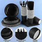 durony 350 Pieces Black Paper Dinnerware Set 7 Inch 9 Inch Disposable Dinner Plates Serve 50 Guests Paper Cup Cutlery Napkins Solid Color Party Supplies for Birthday Wedding Party Family Picnic - Image 3