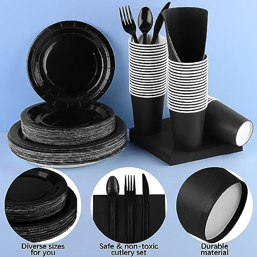 durony 350 Pieces Black Paper Dinnerware Set 7 Inch 9 Inch Disposable Dinner Plates Serve 50 Guests Paper Cup Cutlery Napkins Solid Color Party Supplies for Birthday Wedding Party Family Picnic - Image 3