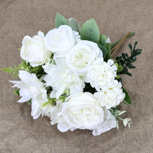 White Peonies Dahlia Artificial Flowers Bulk, 12 Bundles - Image 6