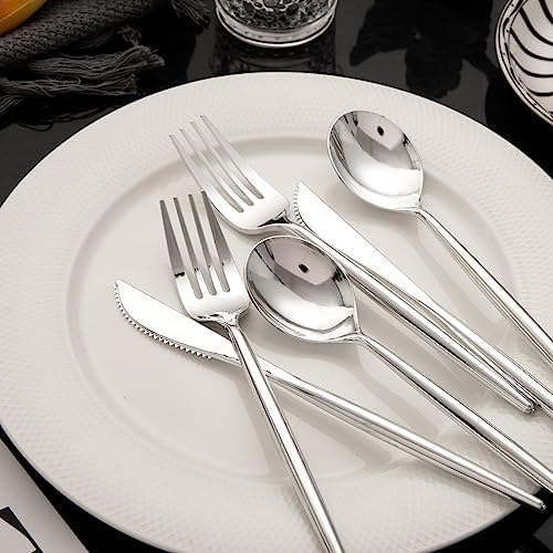 Rubtlamp 180 Pcs Silver Plastic Silverware, Silver Utensils Heavy Duty, Elegant Plastic Cutlery, Fancy Disposable Flatware, Forks Spoons and Knives Set For Party Mother's Day - Image 6