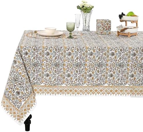 Ridhi Goldenrod Yellow Block Print Cotton Rectangle Table Cloth, 54x54 inch by Ridhi