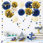 NICROLANDEE Navy Blue and Gold Decorations, 27 PCS Hanging Paper Lanterns Tissue Pom Poms Garlands Decor for Graduation Party, Mens Birthday, Memorial Day Decorations, New Years Party Supplies - Image 5