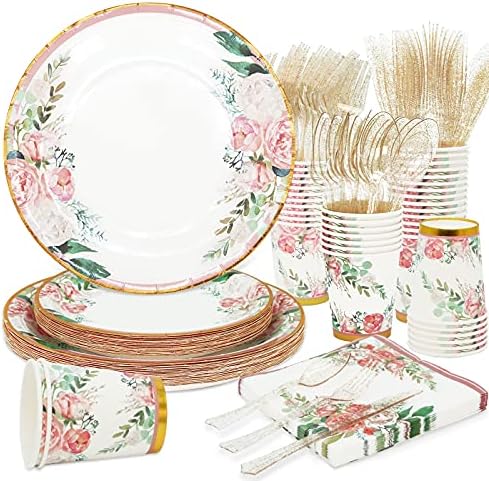 Floral Party Supplies - Bridal Shower Paper Plates & Napkins Set for 24 Guests - Disposable Dinnerware: Plates, Cups, Cutlery for Baby Shower, Tea Party by Boosolo