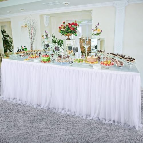 204in White Tulle Table Skirts for Rectangle Tables 6ft 8ft, 2-Layer Gold Grim Ruffle Tulle Tutu Cloth Table Skirt 17ft Long for Wedding Birthday Party Baby Shower Cake Dessert Tables(No Table Cover) - Image 6