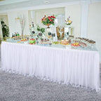 156in White Tulle Table Skirts for Rectangle Tables 8/6/4ft, 2-Layer Gold Grim Ruffle Tulle Tutu Cloth Table Skirt 13ft Long for Wedding Birthday Party Baby Shower Cake Dessert Tables(No Table Cover) - Image 6