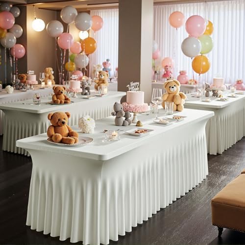4 pk Ivory Spandex Tablecloth 6ft with Ruffle Skirts,Wrinkle Free High Stretch Cream Fitted Tablecloths for 6 Foot Rectangle Tables,Elastic Spandex Table Covers 6 ft for Parties Weddings Banquet - Image 6